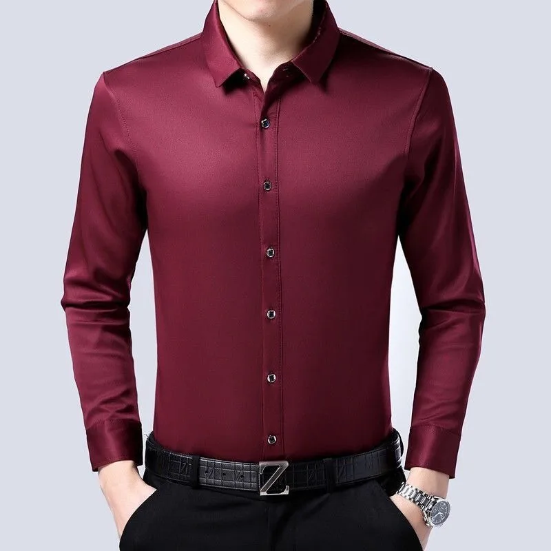 2023 New Men's Clothing Shirt Square Collar Long Sleeve Spring Autumn Casual All-match Business Solid Color Button Tops
