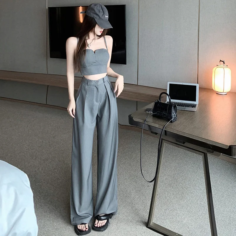 

Женский летний костюм, новинка 2023, облегающий короткий жилет на подтяжках и прямые брюки с шваброй, комплект из двух предметов для женщин