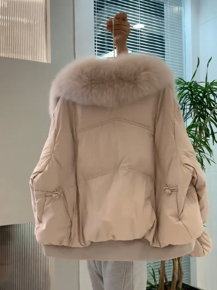 Fashion High-End Retro Solid Color Long Sleeve Women's Down Coat Autumn Winter Sweet Commuter Fur Collar Short Down Jacket Coat