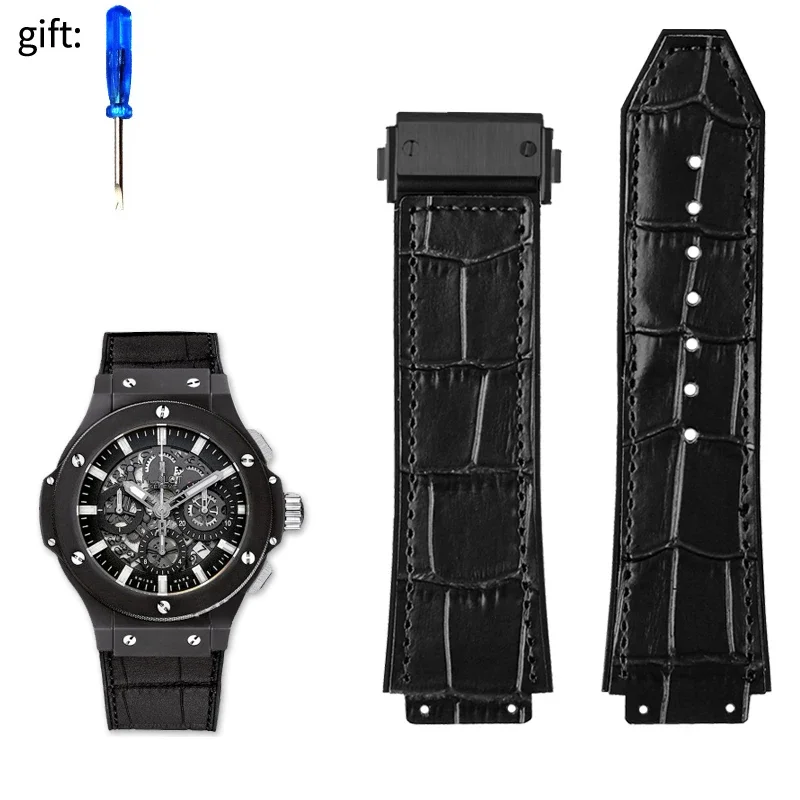 Premium Genuine Leather Watch Band - Cowhide Strap with Tools and Accessories, Black/Brown
