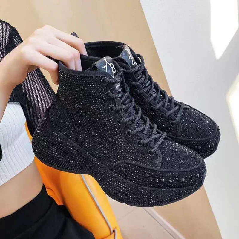 

Platform Genuine Leather High Top Shoes For Women Fashion Chic Point Sneakers Famous Brand Rhinestone Female Designer Shoes