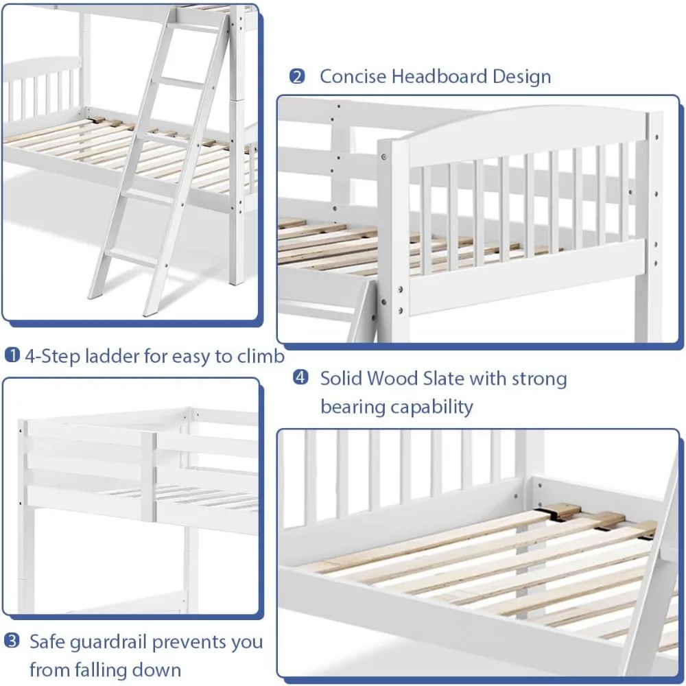 Costzon Twin Over Twin Bunk Beds, Convertible Into Two Individual Solid Rubberwood Beds, Children Sleeping Bedroom