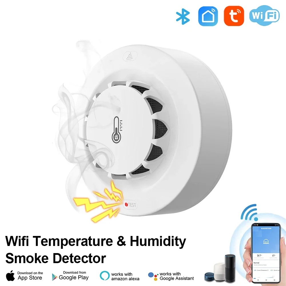 WiFi Smoke Detector Alarm Fire Smoke Temperature Humidity Detection 80dB Sound for Alexa Google Home Tuya Smart Life