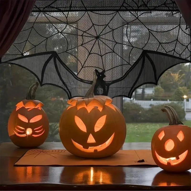New Halloween Lace Curtain Gothic Bat Tablecloth Fireplace Scarf Window Cover For Party Home Decoration Cobweb Halloween