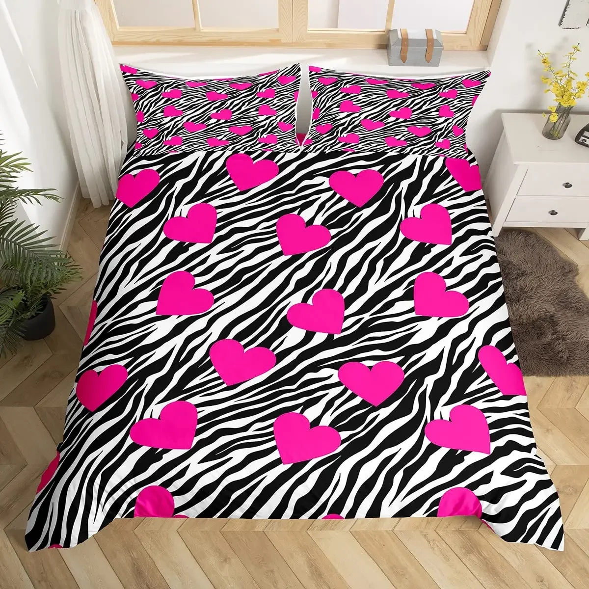 Zebra Stripes Duvet Cover Set Red Glitter Lips Comforter Cover for Girls Women Black White Leopard Zebra Print Queen Bedding Set