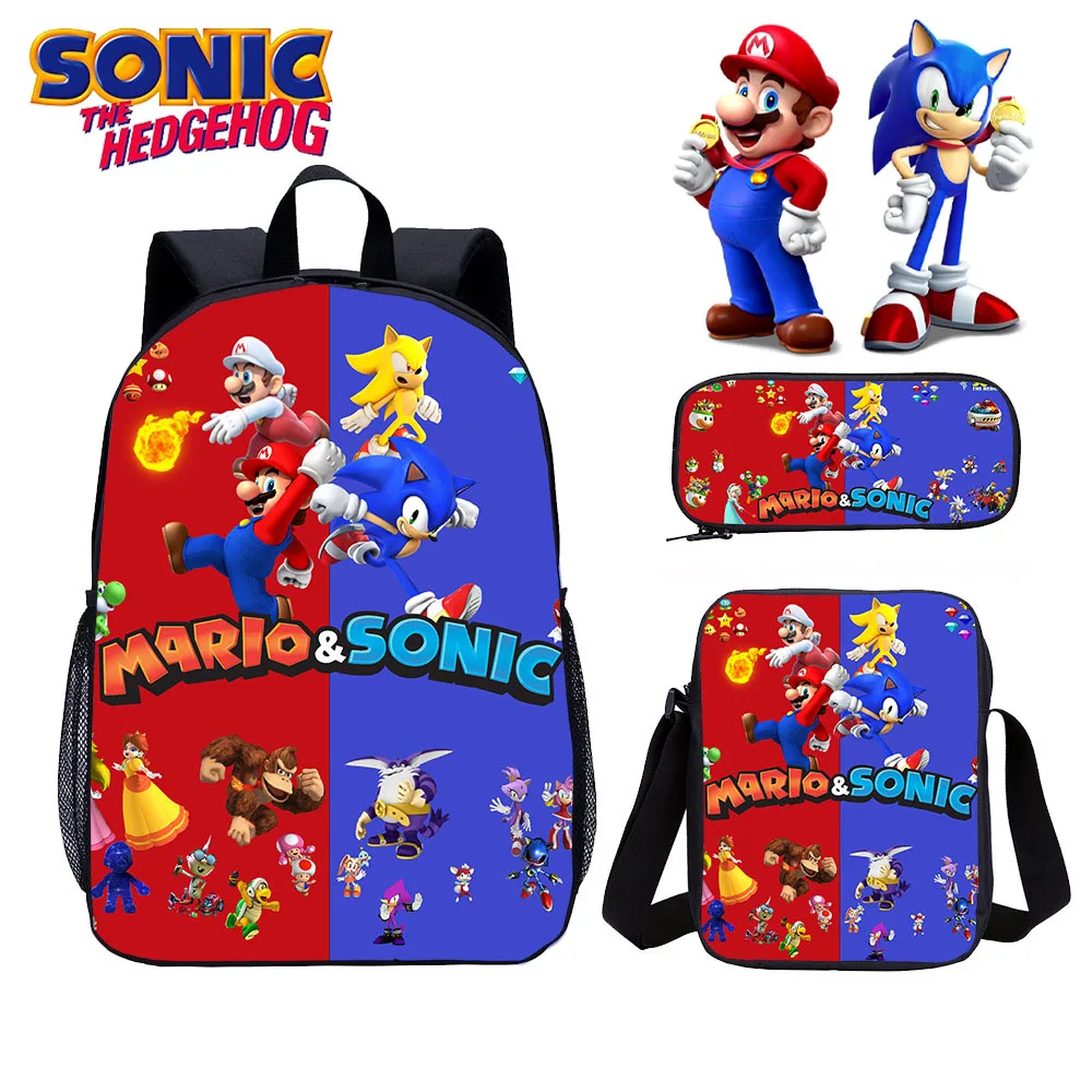 

New 3 Pcs/Set Sonic The Hedgehog Backpack Large Capacity Marios Bros Canvas Travelling Bag Anime Peripheral Kids Schoolbag Toys