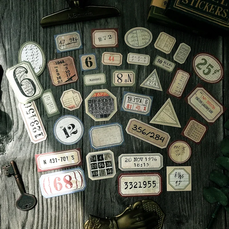 DIY Scrapbooking Accessories 31Pcs Number Label Junk Journal Ephemera Vintage Stickers Retro DIY Album Tim Holtz Style Scrapbooking Material Craft Stickers