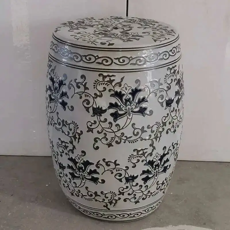 White Porcelain and Drawn Blue Shoe Hand Changing Stool Ceramic Drum Bathroom Neoclassical Imitation Sitting Stool Low Round