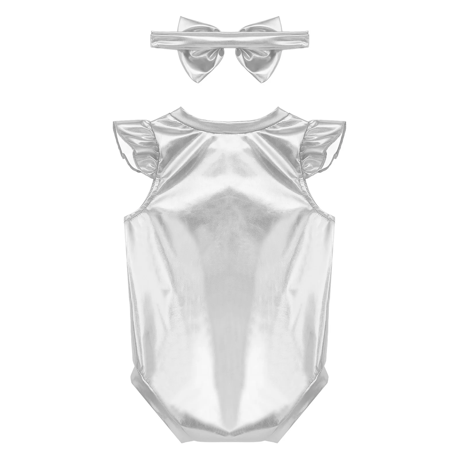 Abbigliamento per neonate, abiti per feste di compleanno, abiti per fotografia, maniche arricciate, tutina metallizzata lucida con fascia per capelli con fiocco, 0-24 mesi - immagine 4