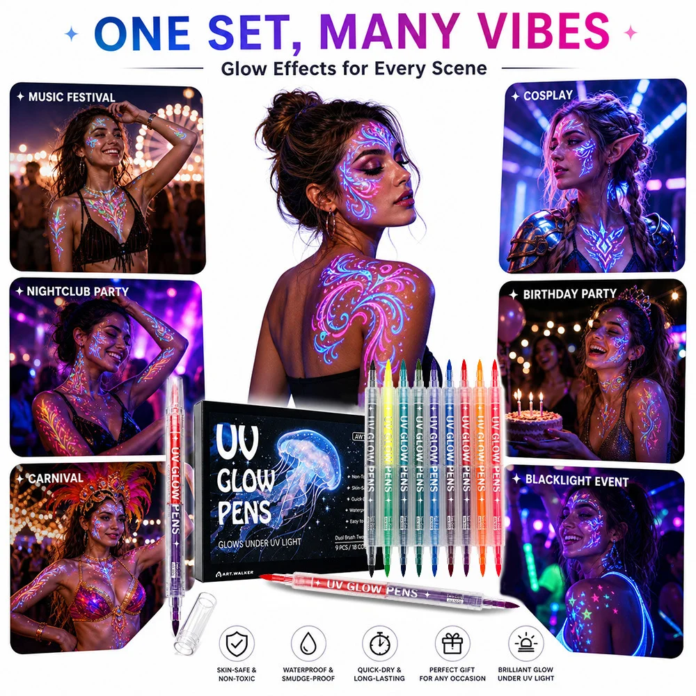 6/9PCS 듀얼 팁 UV 글로우 마커 네온 형광 아트 펜 블랙라이트 반응형 크리에이티브 DIY 페인팅 파티 그래피티 페스티벌용
