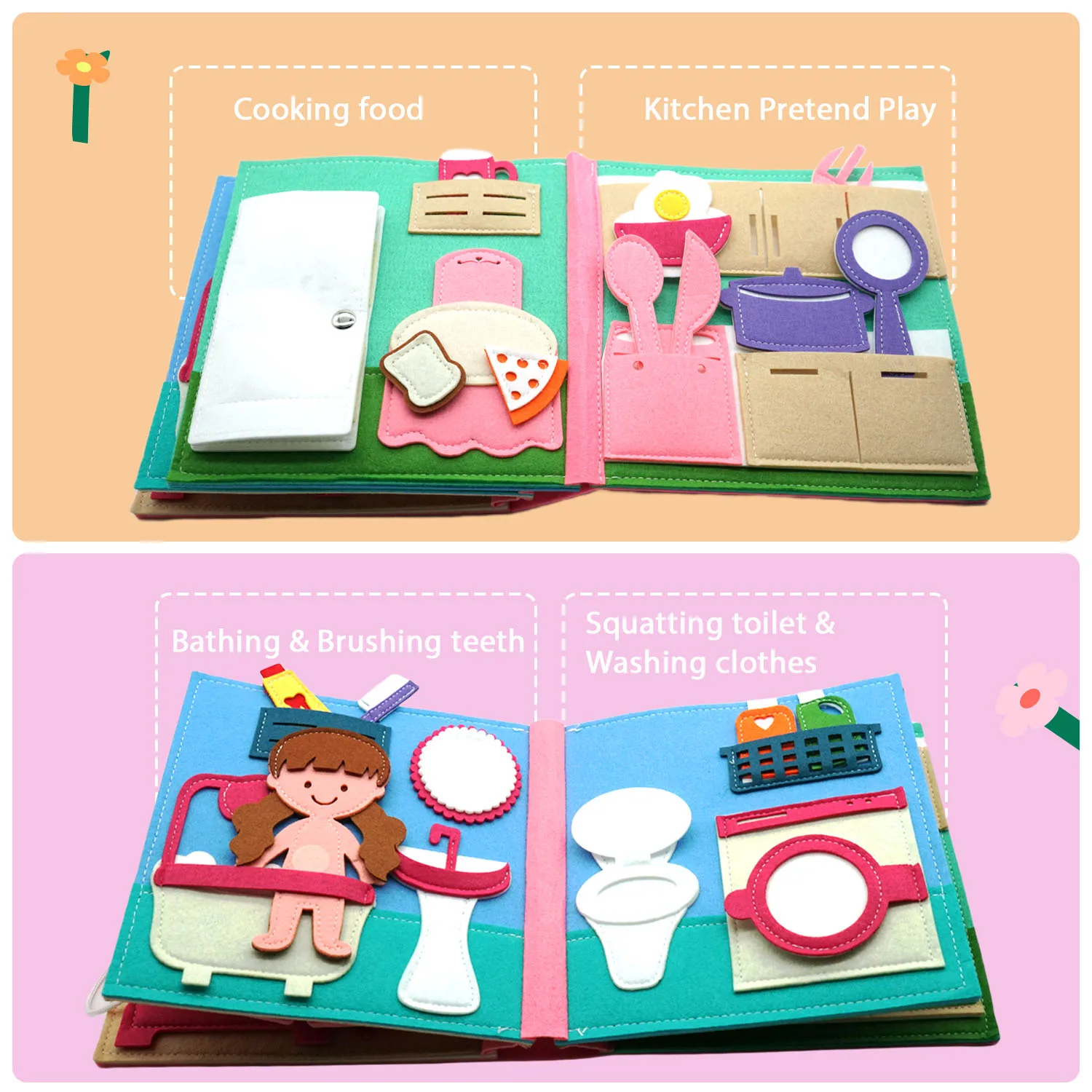 Busy Board Montessori In Feltro Per Bambini 1-3 Anni - Libro Tranquillo Con 12 Pagine, Giocattolo Educativo E Sensoriale Per Viaggi, Activity Board Morbida - 2