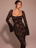 Mozision Lace Print Long Flare Sleeve Sexy Maxi Dress For Women Fashion Square Collar Backless Bodycon Club Party Sexy Dress 4