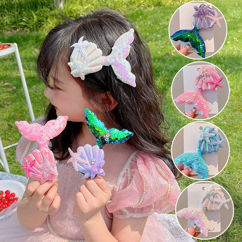 Mermaid Tail Seashell Hairpin Cute Cartoon Starfish Headband Headdress Elsa Anna Earrings Baby Girls Birthday Party Decorations