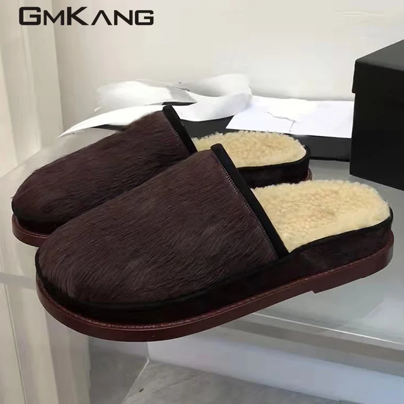 Pony wool slippers Women's metal buckle flat shoes Women's round head leisure mule winter wool slippers Walking casual shoes Men