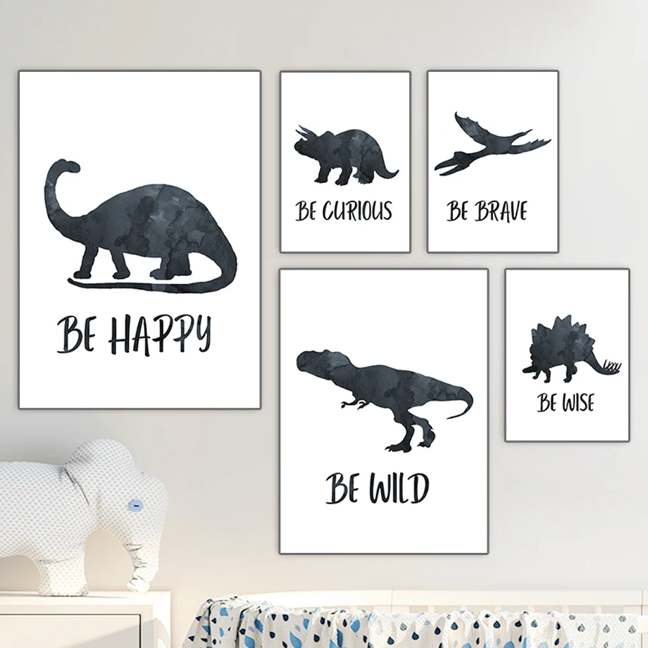 Black Dinosaur Silhouette Stampe Stegosaurus Tyrannosaurus Rex Brachiosaurus Nursery Wall Art Canvas Poster Kids Boy Room Decor