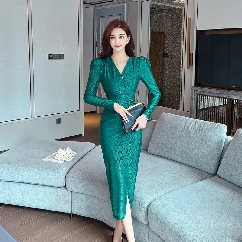 

Long Sleeves Women's Dress Autumn 2022 Elegant V Neck Hip Wrap Red Dresses for Woman Korean Fashion Female Free Shipping Clothes