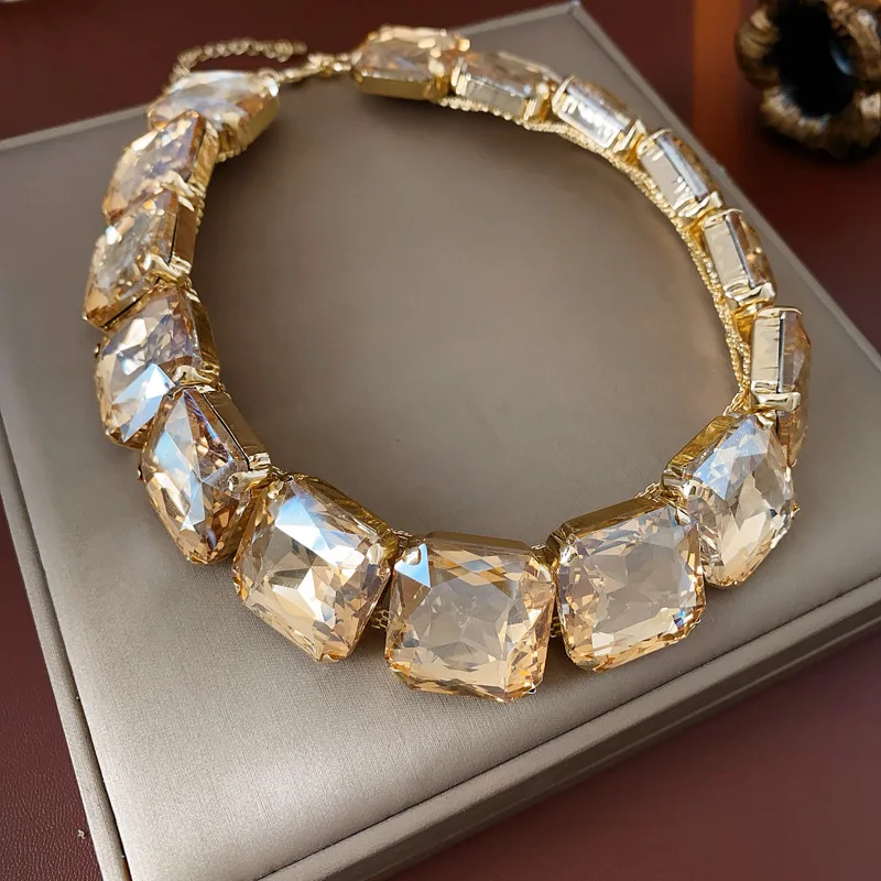 Inlaid Rhinestone Square Earrings Necklace Two-piece Set Fashion Versatile Exaggerated Temperament Light Luxury Accessories Sets