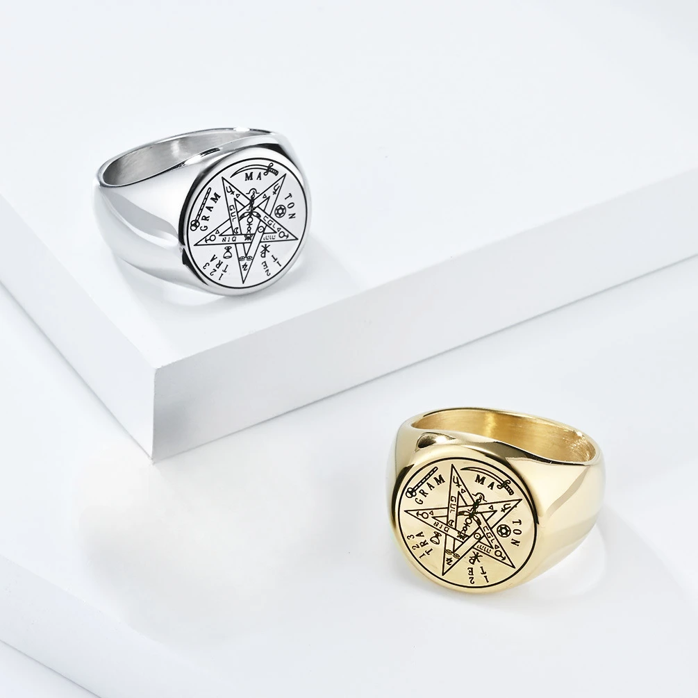 Magic Ring Jewish Tetragrammaton Hebrew Pentagram Rings Stainless Steel Pentacle Ring for Men Witchcraft Power Protection Amulet Jewely