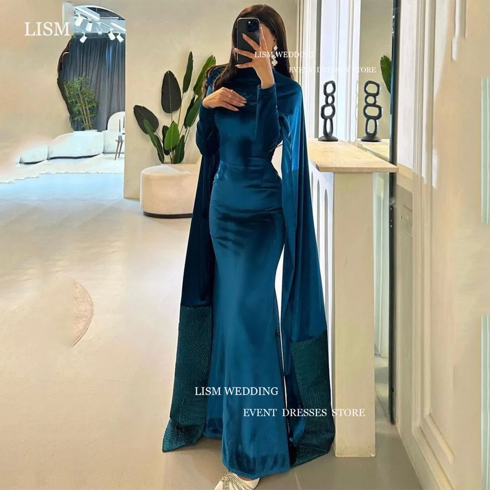 

LISM Vintage Blue Velvet Prom Gowns Dubai Full Sleeves Long Mermaid Formal Evening Dresses With Shawl For Saudi Arabic Women