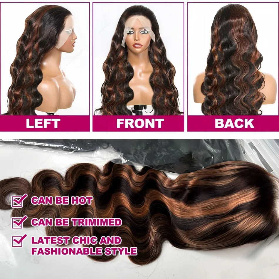 Highlight Body Wave 13x6 HD Omber Lace Front Human Hair Pre Plucked Wig 1B/30 Black Brown Colored Hair 13x4 HD Lace Frontal Wigs 5