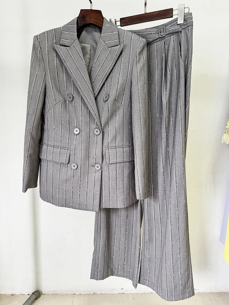 Women Pants Two Piece Sets Women Gray Rhinestone Single Button Blazer + Sparkle Striped Diamonds Pants Suits Evening Party Club 2