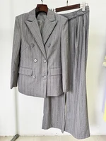 Women Pants Two Piece Sets Women Gray Rhinestone Single Button Blazer + Sparkle Striped Diamonds Pants Suits Evening Party Club 2