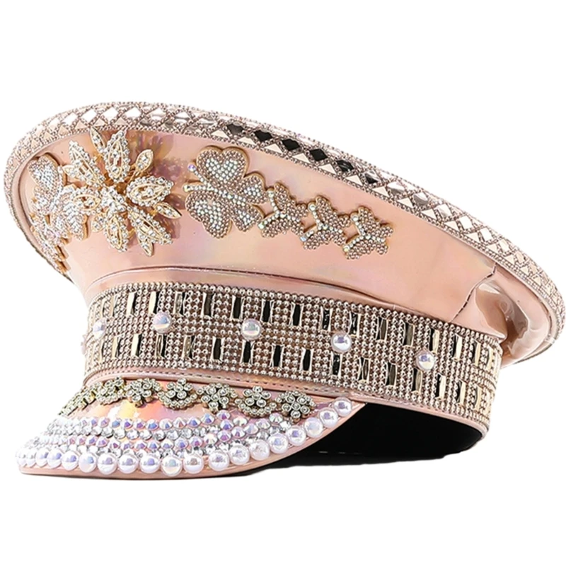

Wedding Bride Captain Hat with Diamond Flower Women Christmas Halloween Party Hat Prom Stage Performances Military Hat
