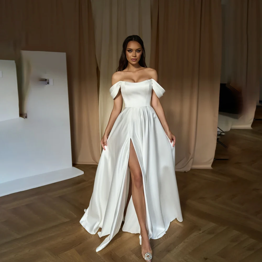 

Simple Boat Neck Satin Wedding Dress See Through Sleeve Birdal Gown Side Split Court A-line Wedding Gown vestidos de novia