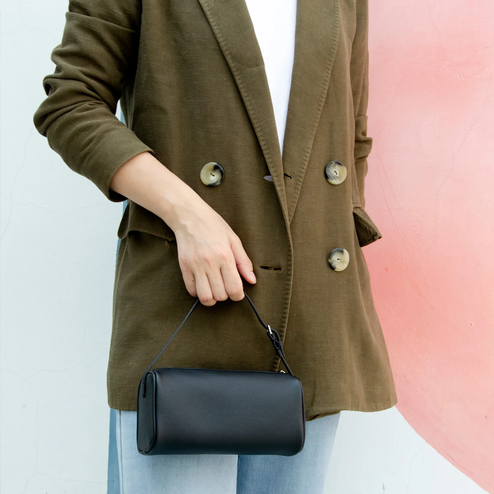 Donna-in Full Grained Calfskin Mini Handbag for Women Real Leather with Shoulder Strap Barrel-shaped Crossbody Purses 2
