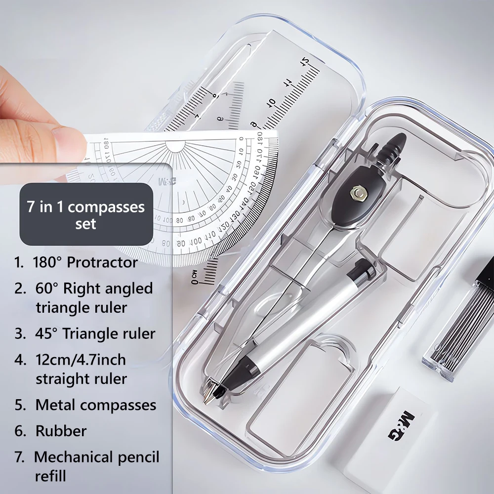 M&G 7 Pieces Drawing Set (Compass + Eraser + Ruler Triangular Ruler / Protractor) for Student Exam