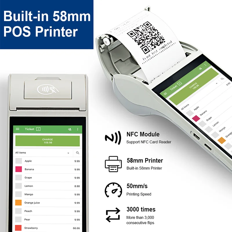 안드로이드 13 휴대용 단말기 POS 프린터 휴대용 58mm 열 영수증 프린터 4G 블루투스 NFC 티켓 빌 POS PDA Impressora