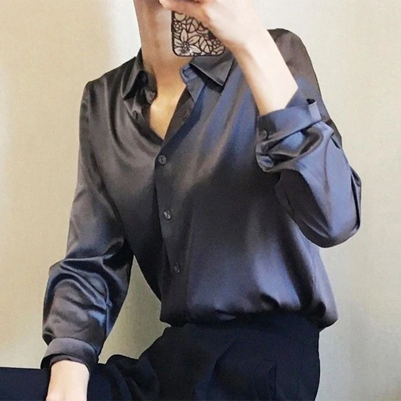 Office Lady Tops Loose Satin Shirt Women Elegant Long Sleeve Solid Silk  Blouses Women Casual Button Shirts Female Clothing 23229 - AliExpress