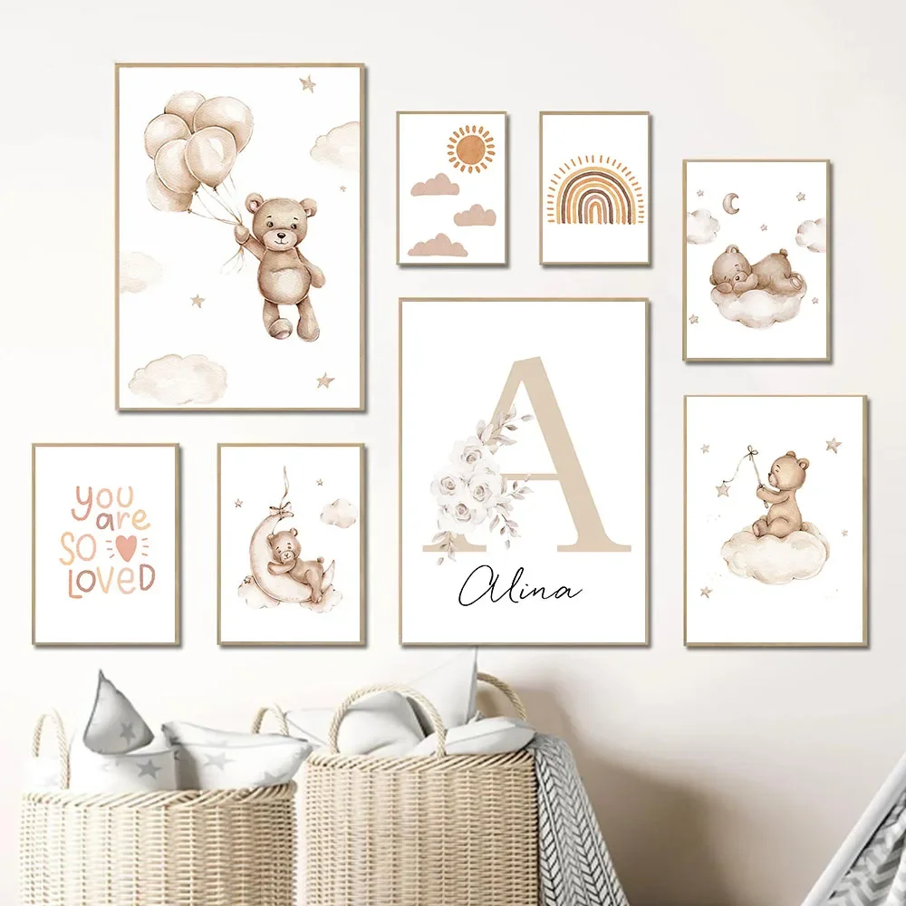 

Boho Nursery Wall Art Personalized Baby Name Poster And Prints Bear Rainbow Sun PaintingCanvas Customize Kids Room Picture Art