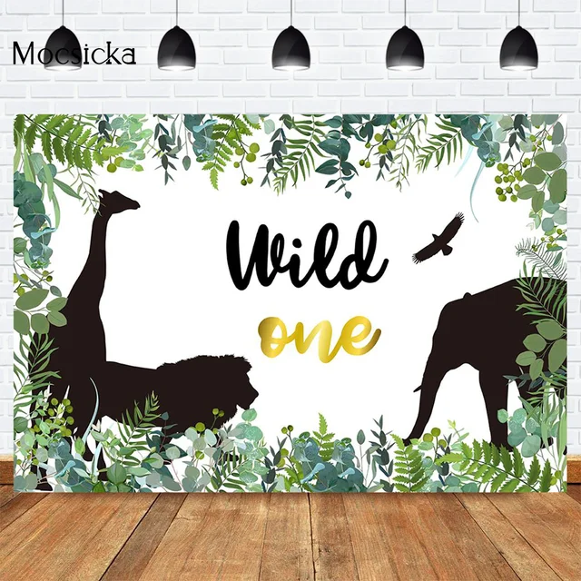 Mocsicka CUSTOM Rainforest Animals Wild One Backdrops Children Happy Birthday Party Photography Background Cake Table Banner 1