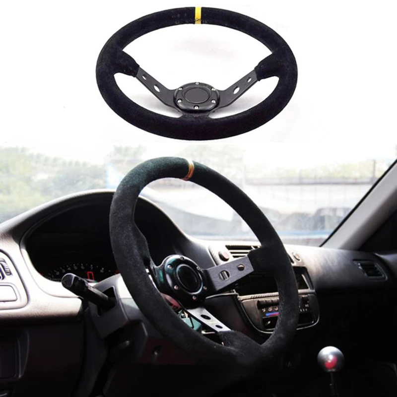 Universal 14 Inch 350mm Suede/pvc/pu Car Aluminum Racing Steering Wheels Deep Corn Drifting