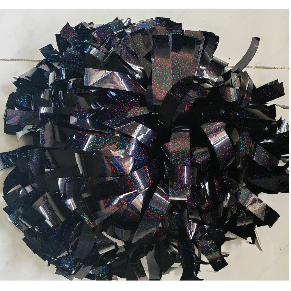1PIECE,Cheerleader Pom Pom ,Metallic holographic black, Size and Color, Baton Handle
