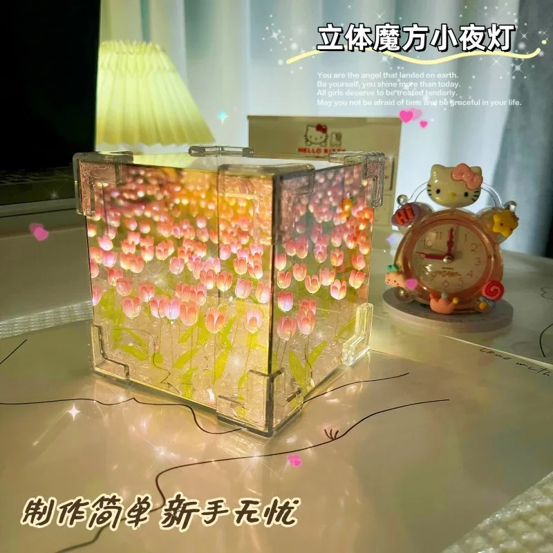 Creative Diy Tulip Flower Sea Cube Three-Dimensional Small Night Lamp Material Package for Girlfriend Couple Girlfriends 4