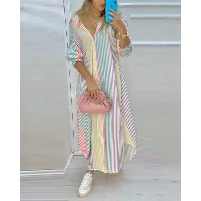 

Rainbow Vivid Dresses For Women 2023 Loose Polo Collar Long Sleeve Sexy Summer Dress Elegant Long Sleeve T-shirt Fashion Top