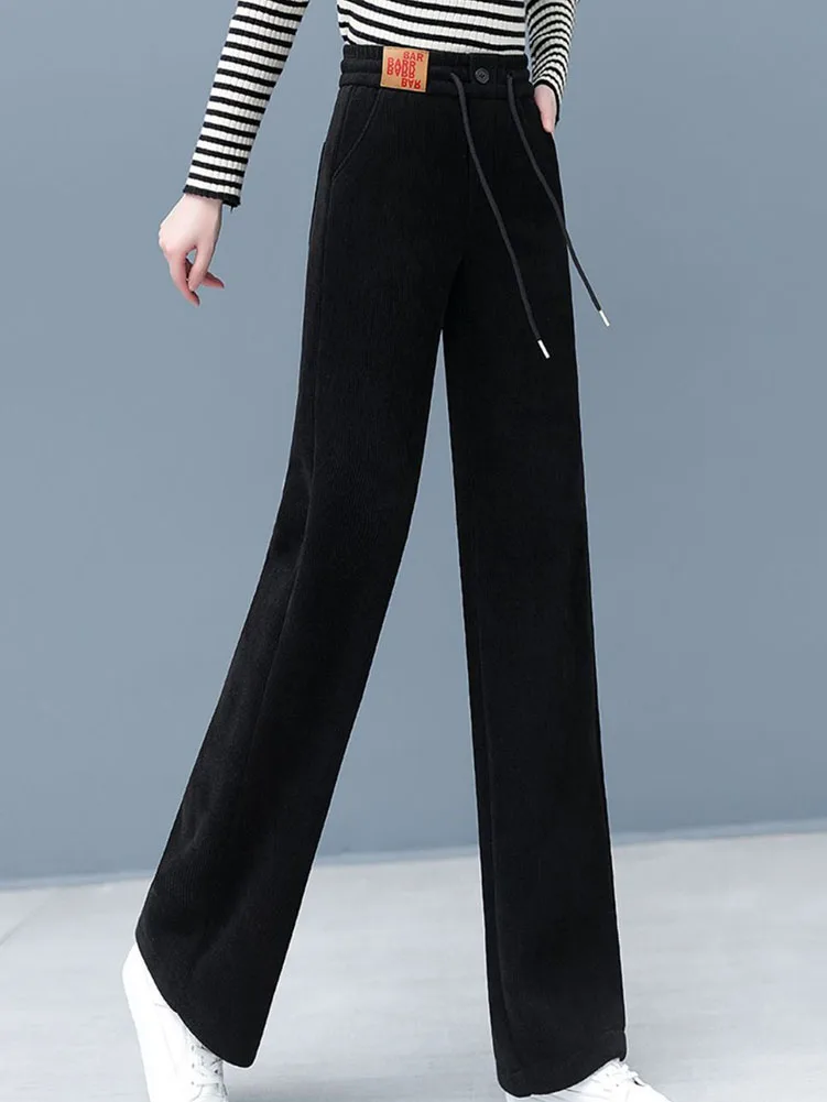Winter Women's Casual Corduroy Wide Leg Pants Warm Plush Velvet High Waist Pantalones Baggy Plus Thick Fleece Straight Sweatpant