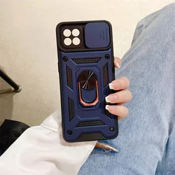Shockproof Armor Phone Case with Car Magnetic Holder and Slide Camera Protection for Reno 4 Lite (Blue)