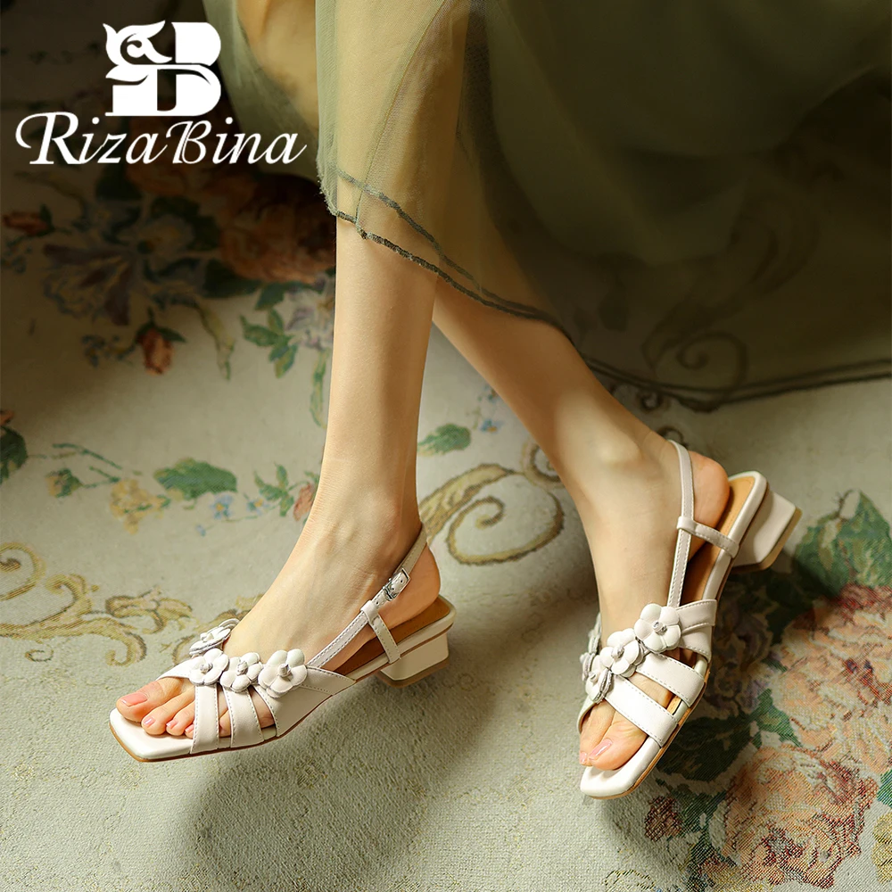 

RIZABINA Real Leather Women Sandals Square Toe Flower Decoration Low Heel Slingback Shoes 2024 Summer Elegant Prom Wedding Shoes