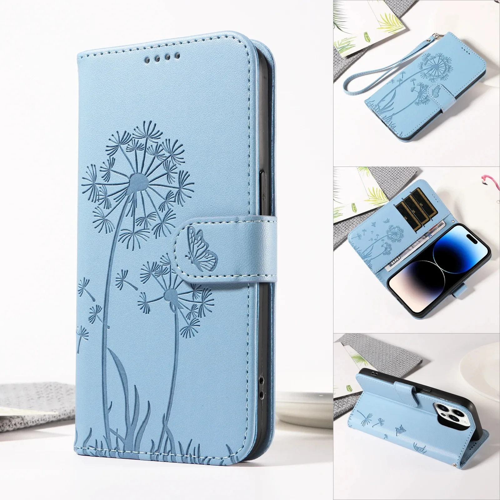 Dandelion Embossed Leather Wallet Flip Case