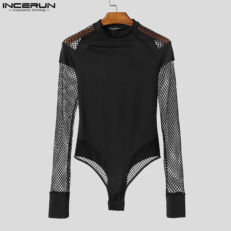 Men's Handsome Casual Long Sleeve Bodysuits Well Fitting Mesh Splicing Jumpsuits Comfortable Homewear Loungewear