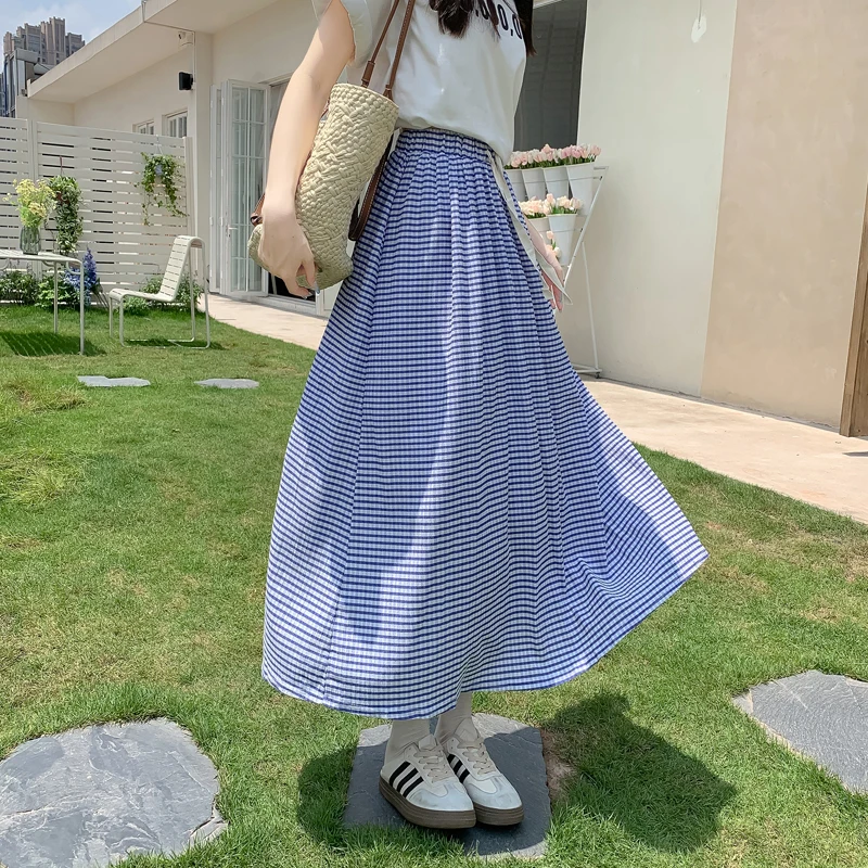 

2024 New Arrival Summer Korean Style Women All-matched Casual Loose Striped Elastic Waist A-line Mid-calf Mori Girl Skirt V03