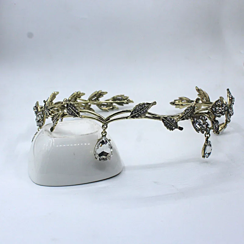 Vintage Bronze Emerald Green Fairy Crown Tiaras Crystal Leaves Elf Tiara Bandana Hair Accessories For Women Costume Hair Jewelry