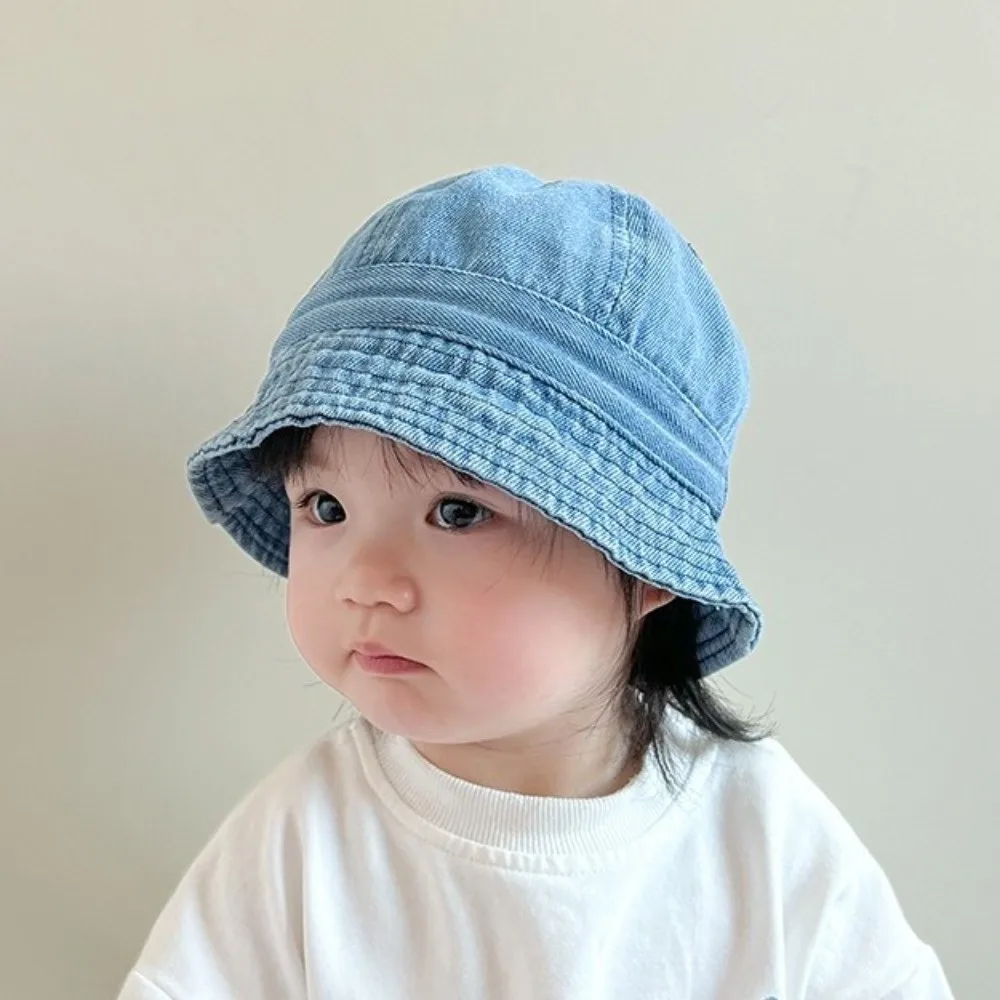 Cloth Washed Denim Bucket Hat Solid Color Windproof Baby Sun Hat Korean Style sun protection Children Fisherman Cap