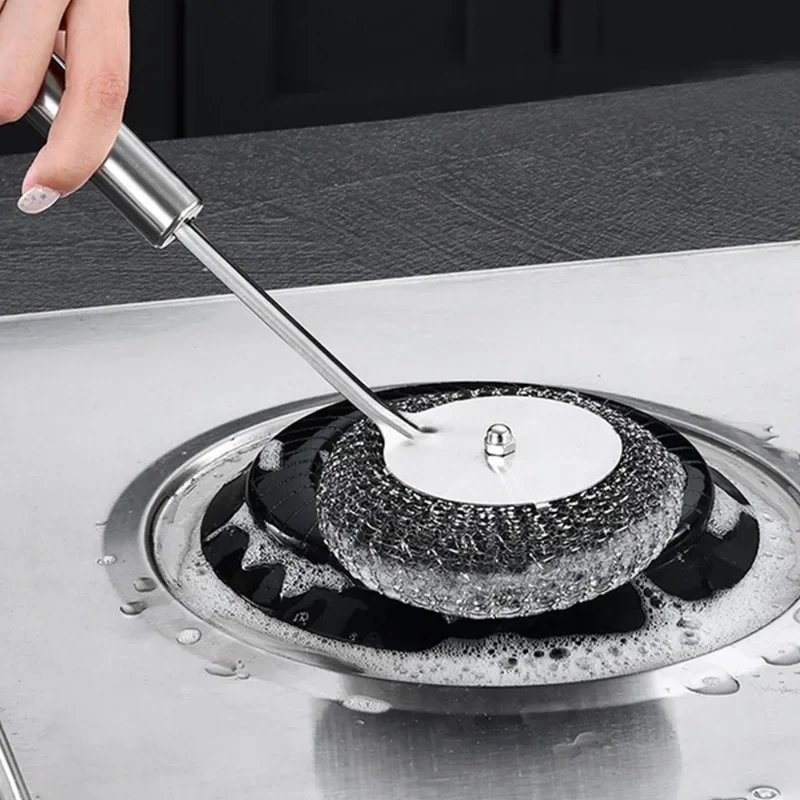 Stainless Steel Wire Brush with Long Handles Kitchen Replacement Steel Wool Wire Ball Dishwashing Brush Sink Countertop Cleaning 3