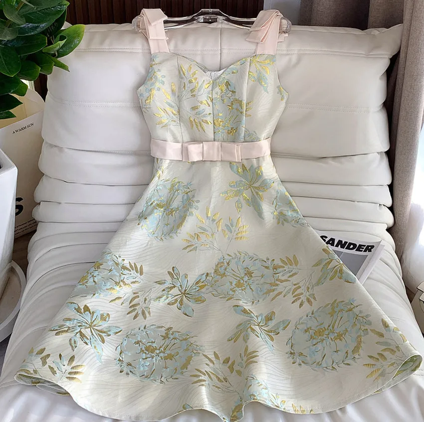 

France High Quality Summer Party Dress Sexy Women's V Neck Bow Spaghetti Strap Flower Print Ladies Sleeveless Ball Gown Vestidos