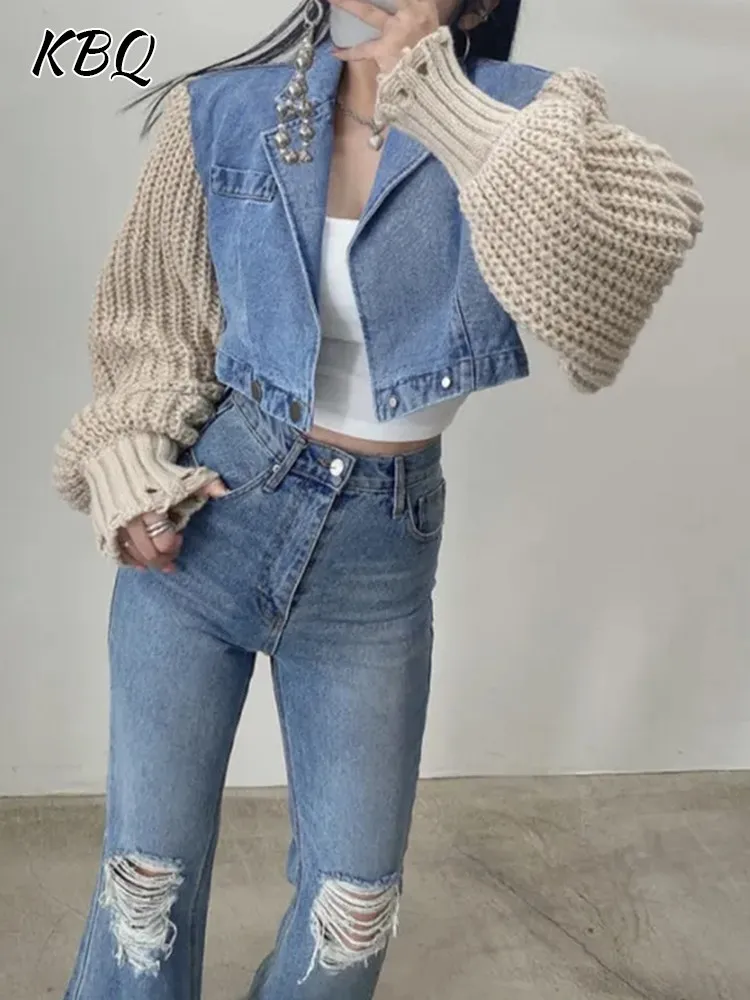KBQ Casual Patchwork Knitted Jacket For Women Lapel Long Sleeve Colorblock Loose Crop Denim Jackets Female Autumn Clothing New