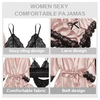 4 pièces femme vêtements de nuit pyjamas Ser avec Robe Sexy dentelle Lingerie peignoir soie Satin maison vêtements de nuit Robe 6